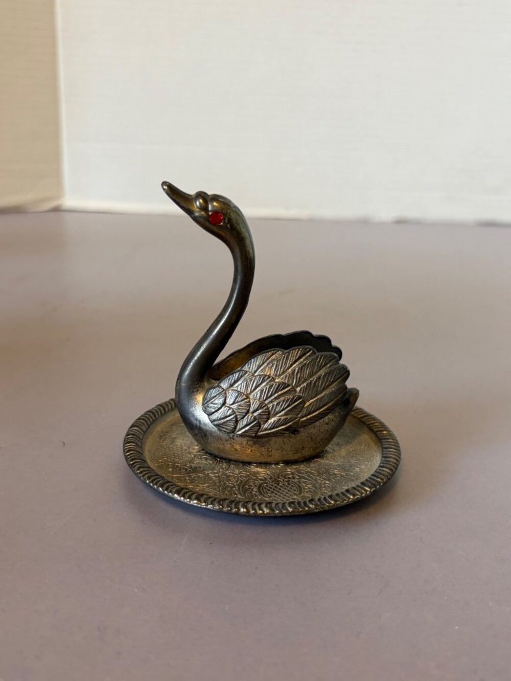 Vintage Silver-Plated Swan Trinket Dish With Red Gem Eyes